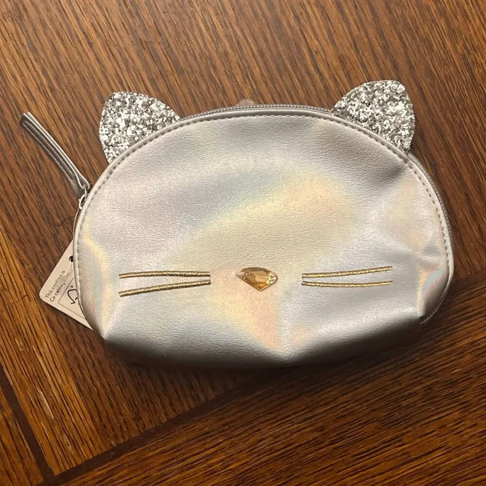 NWT Silver Iridescent Kitty Cat Makeup Bag Pouch Glitter Ears Cosmetic Case DIY